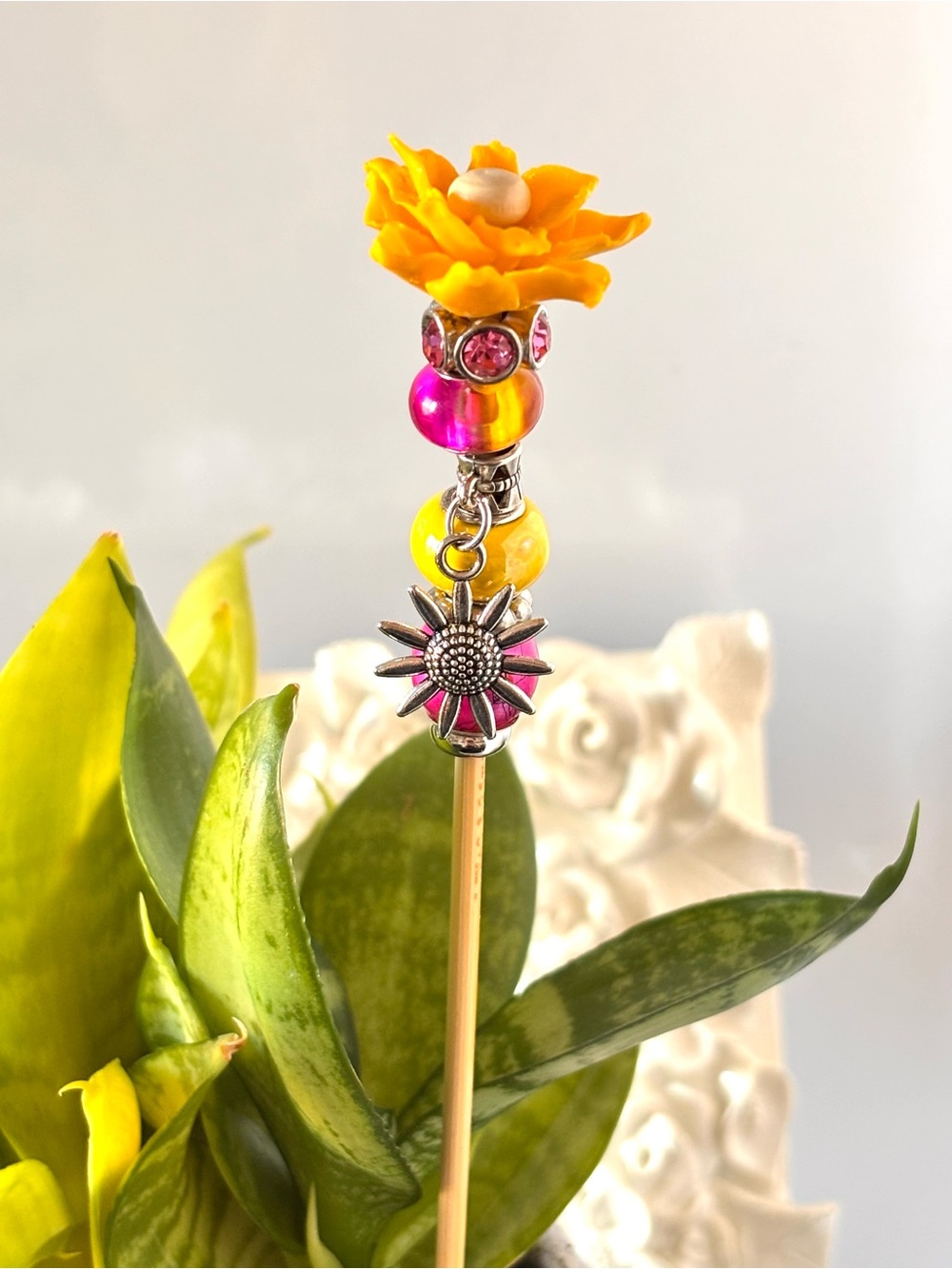 Handmade by MJ Garden Plant Stake – One-of-a-Kind Upcycled Creation